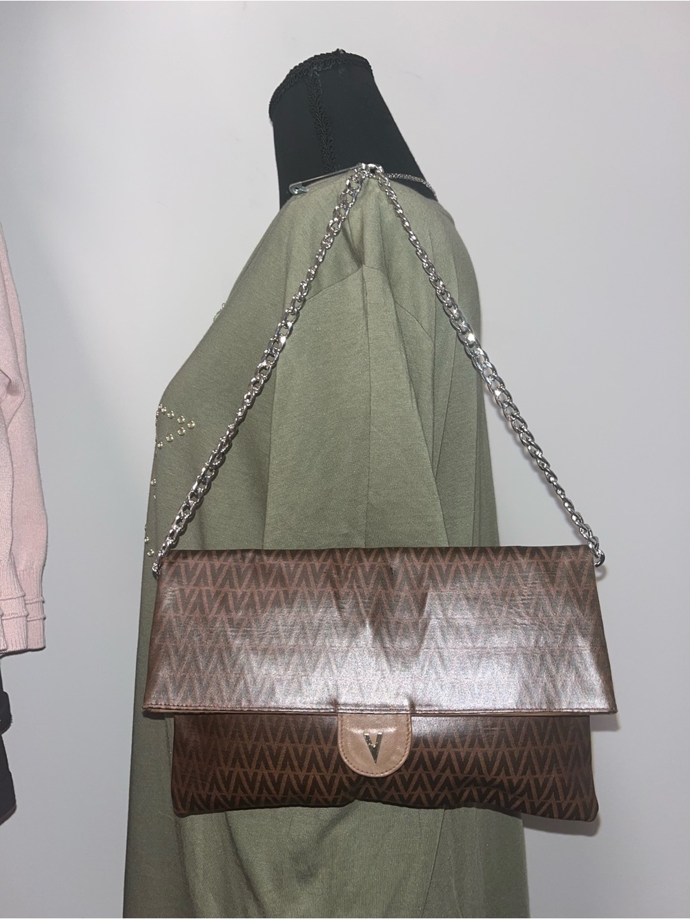 Mario Valentino Brown Monogram Fold-Over Clutch
